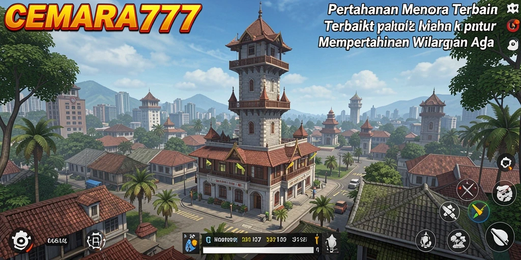 Tampilan gameplay menegangkan di <strong>CEMARA777</strong> dengan menara bertahan melawan gelombang musuh.