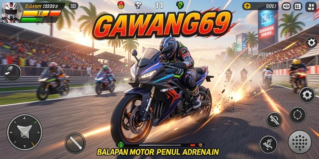 Gameplay GAWANG69 menampilkan balapan motor yang mendebarkan dan seru.
