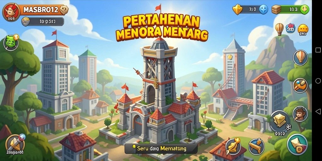 Tampilan gameplay MASBRO12 yang mendebarkan dalam pertahanan menara.