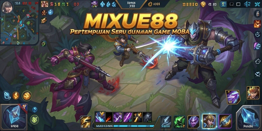 Screenshot utama MIXUE88 menampilkan pertempuran intens dalam gameplay MOBA.