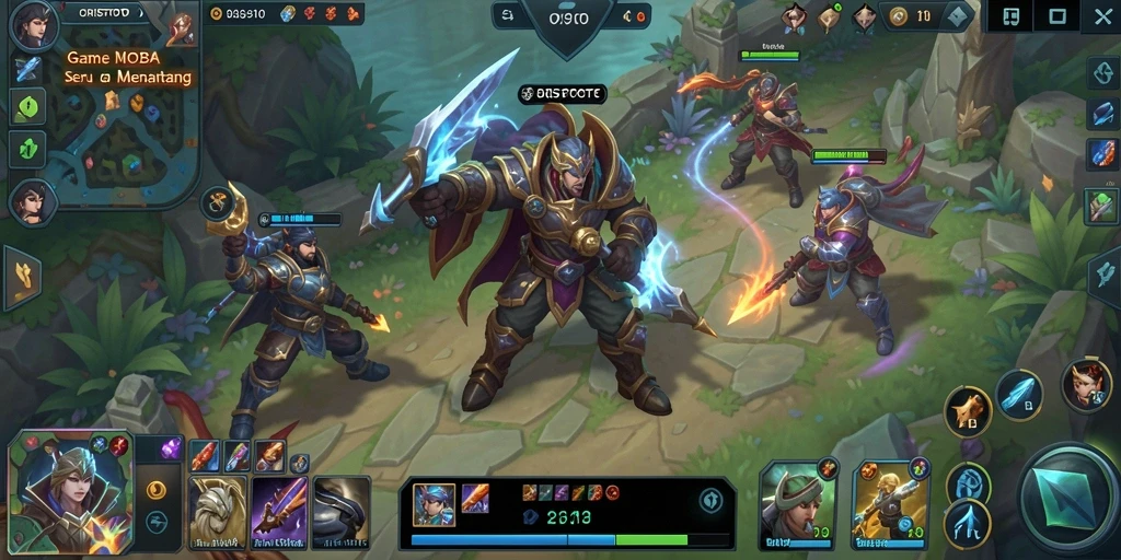 Tampilan gameplay seru dalam pertarungan MOBA yang mendebarkan.