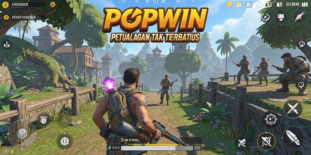 Tangkapan layar gameplay <strong>POPWIN</strong> yang menunjukkan eksplorasi dunia terbuka.