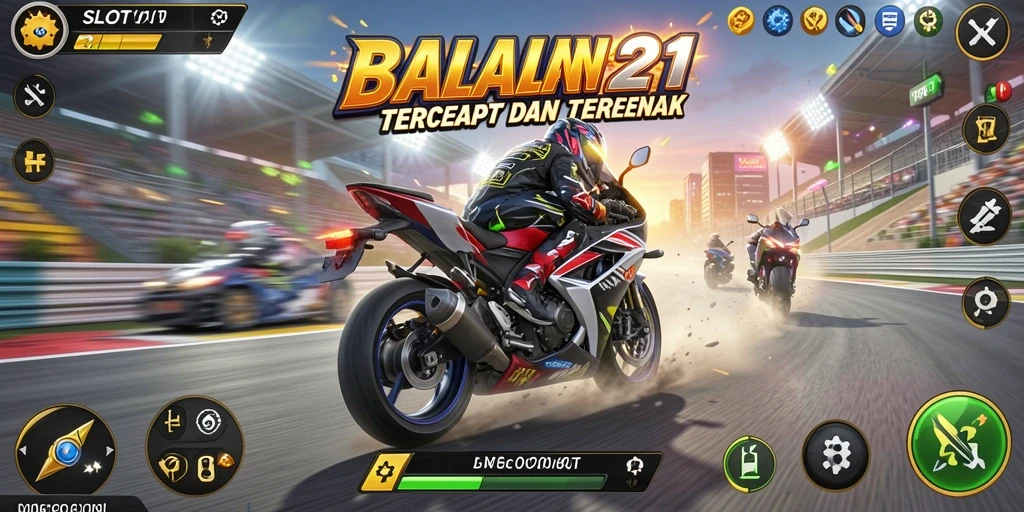 Screenshot gameplay SLOT21 menampilkan aksi balap motor yang mendebarkan.