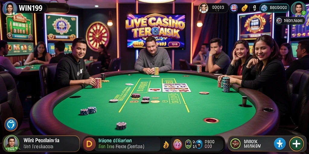 Screenshot gameplay WIN199 menampilkan dealer langsung dan suasana kasino yang nyata.