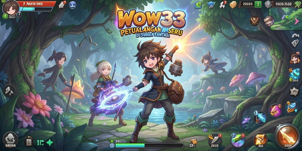Screenshot WOW33 menampilkan karakter anime sedang bertarung dengan latar belakang yang fantastis.